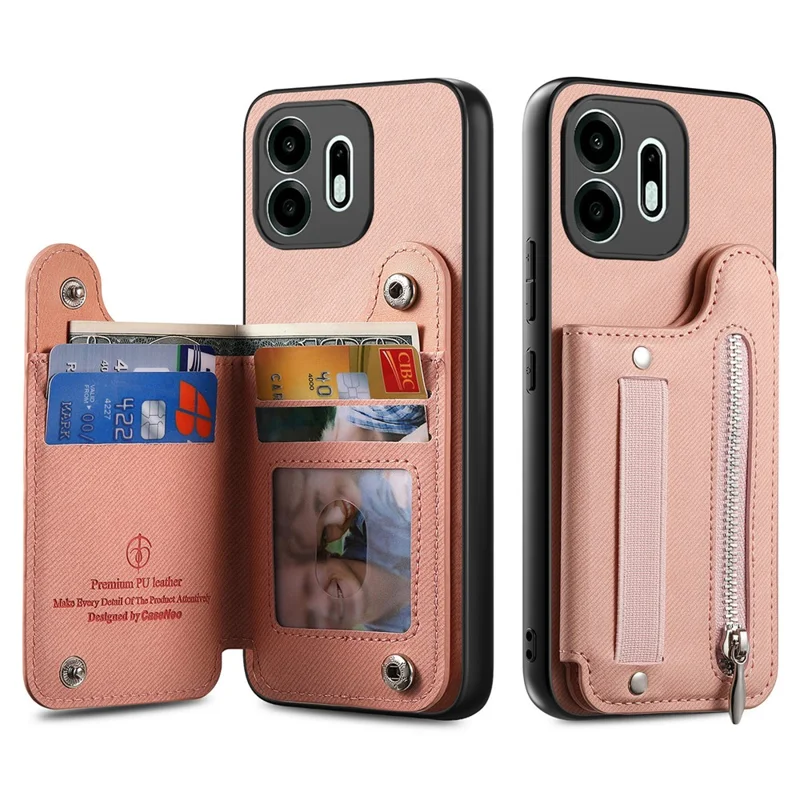 For OnePlus N6 4G Case RFID Blocking Card Holder Jeans Cloth Texture Leather Back Cover with Elastic Wristband - Pink