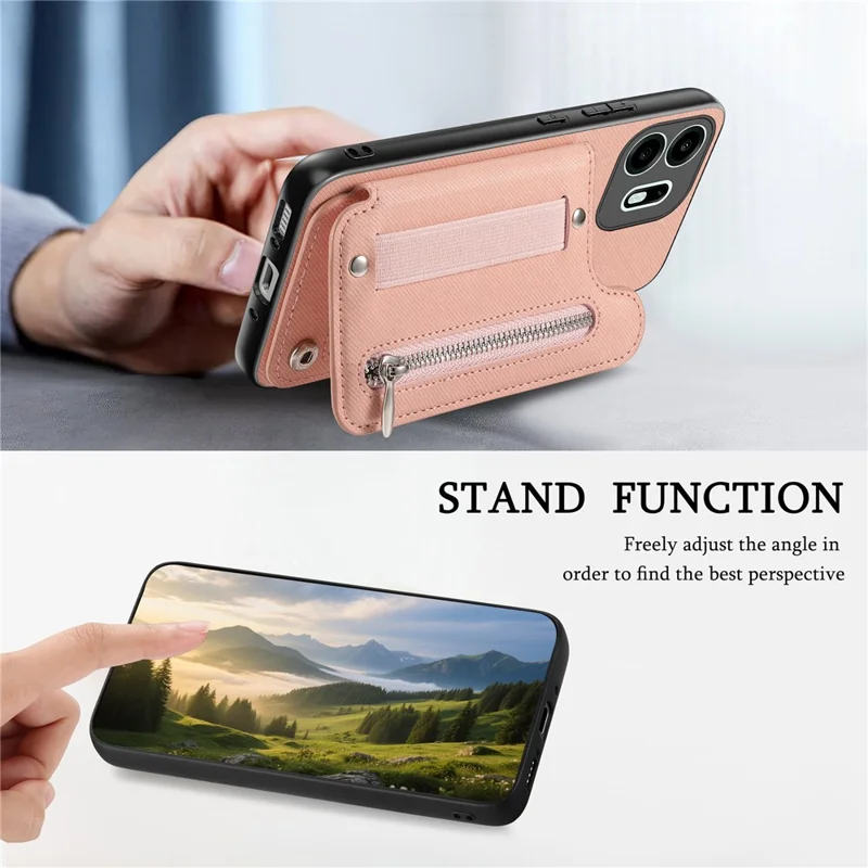 For OnePlus N6 4G Case RFID Blocking Card Holder Jeans Cloth Texture Leather Back Cover with Elastic Wristband - Pink