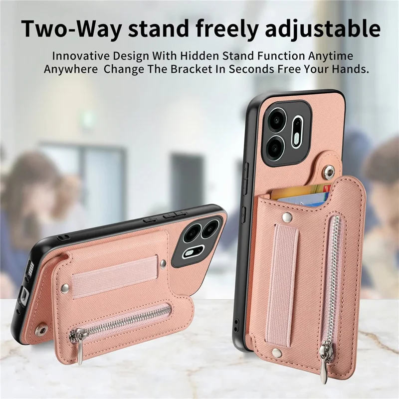 For OnePlus N6 4G Case RFID Blocking Card Holder Jeans Cloth Texture Leather Back Cover with Elastic Wristband - Pink