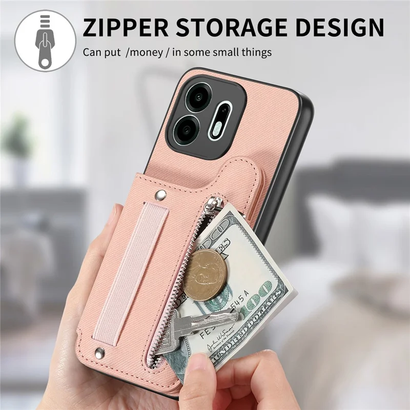 For OnePlus N6 4G Case RFID Blocking Card Holder Jeans Cloth Texture Leather Back Cover with Elastic Wristband - Pink