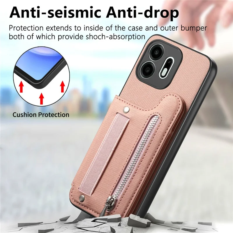 For OnePlus N6 4G Case RFID Blocking Card Holder Jeans Cloth Texture Leather Back Cover with Elastic Wristband - Pink