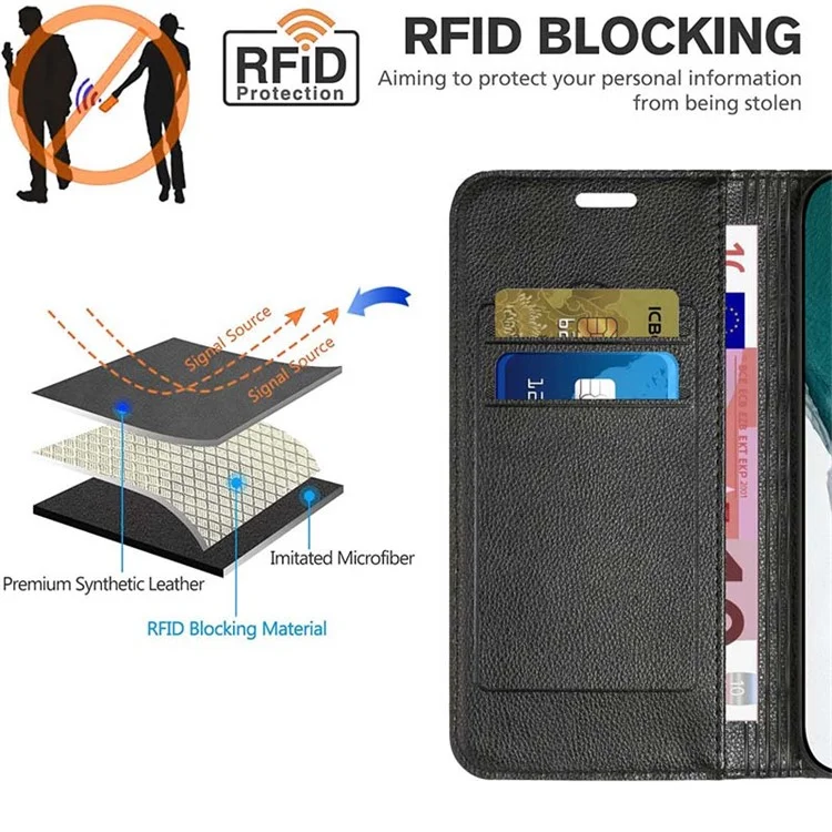 Для Samsung Galaxy A14 5G / 4G Litchi Texture PU Leather RFID Blocking Phone Stand Cover Rhombus Embossing Cellphone Wallet Case - Чёрный