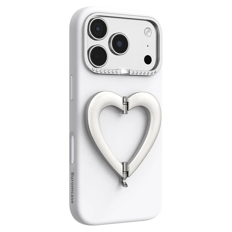 Coque pour iPhone 18 Pro Max avec trépied en forme de cœur, revêtement en silicone liquide et coque rigide en PC - Blanc