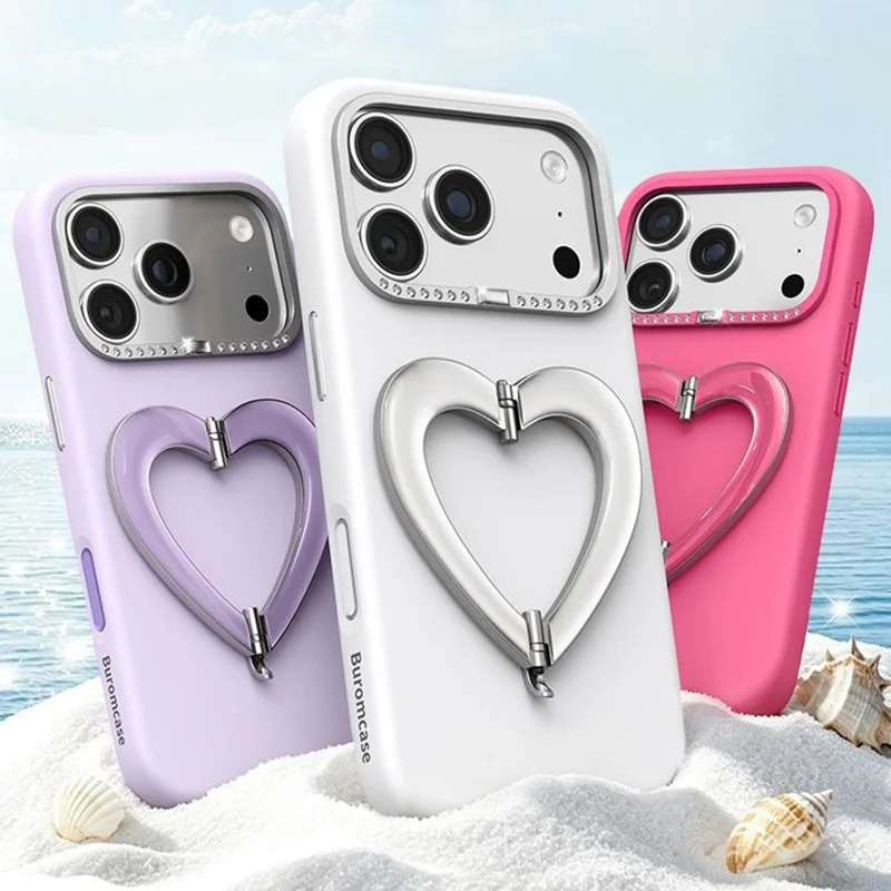 Coque pour iPhone 18 Pro Max avec trépied en forme de cœur, revêtement en silicone liquide et coque rigide en PC - Blanc