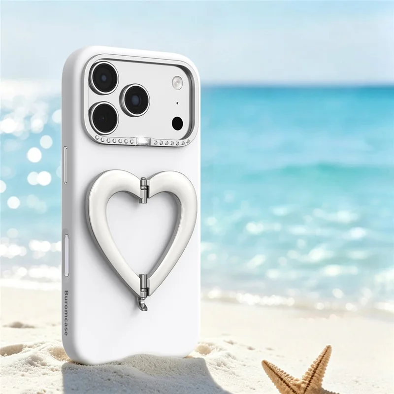 Coque pour iPhone 18 Pro Max avec trépied en forme de cœur, revêtement en silicone liquide et coque rigide en PC - Blanc