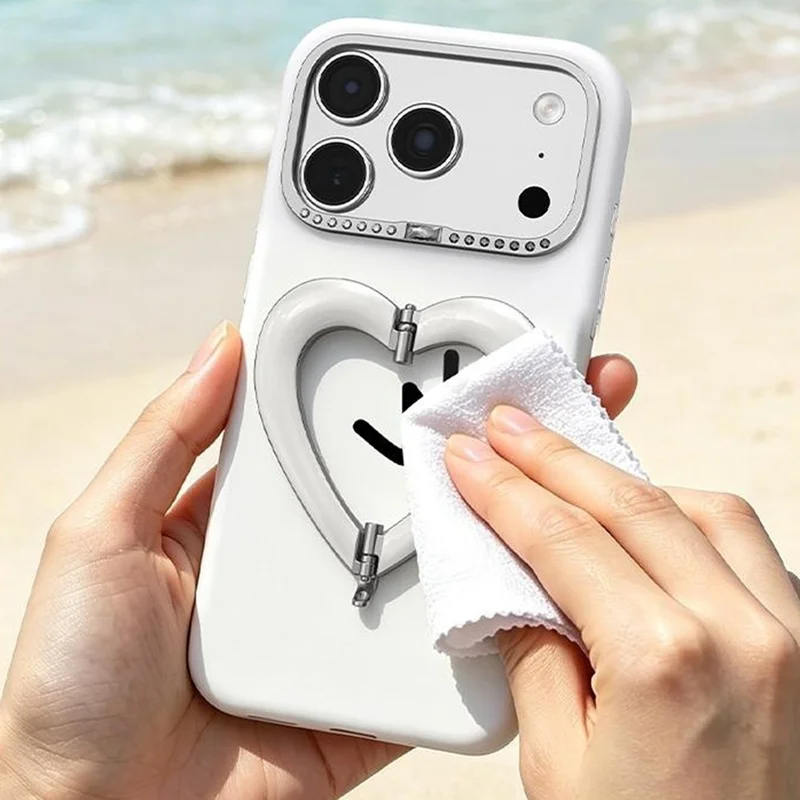 Coque pour iPhone 18 Pro Max avec trépied en forme de cœur, revêtement en silicone liquide et coque rigide en PC - Blanc