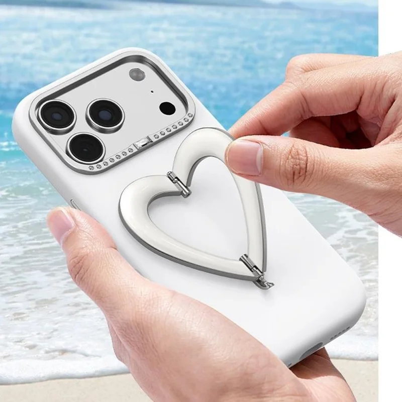 Coque pour iPhone 18 Pro Max avec trépied en forme de cœur, revêtement en silicone liquide et coque rigide en PC - Blanc
