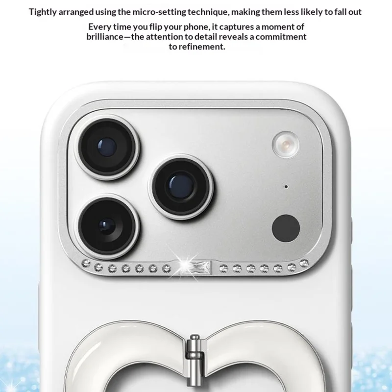 Coque pour iPhone 18 Pro Max avec trépied en forme de cœur, revêtement en silicone liquide et coque rigide en PC - Blanc