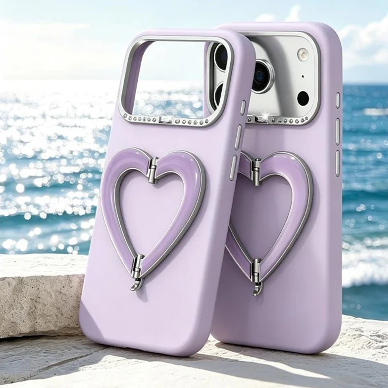 Coque pour iPhone 18 Pro Max avec trépied en forme de cœur, revêtement en silicone liquide et coque rigide en PC - Blanc