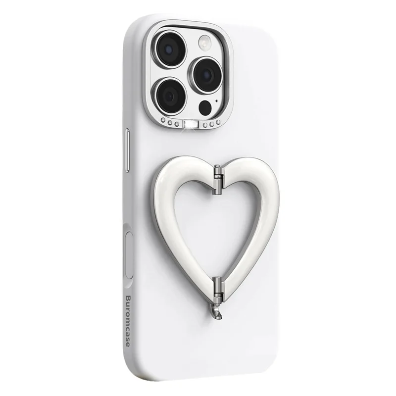 Coque pour iPhone 16 Pro Max avec support rabattable en forme de cœur, revêtement extérieur en silicone liquide et coque intérieure en PC - Blanc