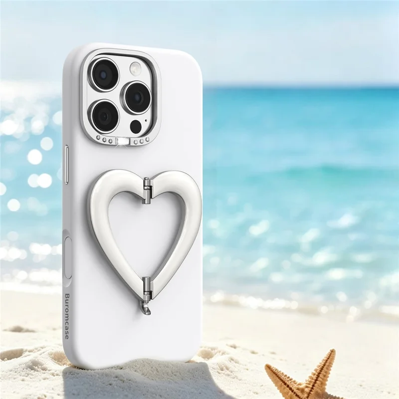 Coque pour iPhone 16 Pro Max avec support rabattable en forme de cœur, revêtement extérieur en silicone liquide et coque intérieure en PC - Blanc