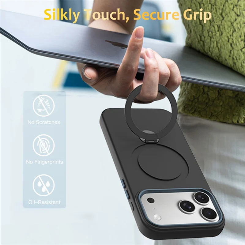 For iPhone 18 Pro  /  17 Pro Magnetic Case Rotating Ring Kickstand TPU + PC Back Cover - Black