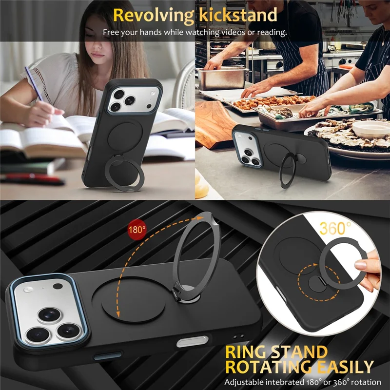 For iPhone 18 Pro  /  17 Pro Magnetic Case Rotating Ring Kickstand TPU + PC Back Cover - Black