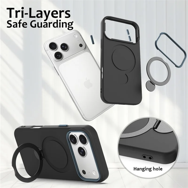 For iPhone 18 Pro  /  17 Pro Magnetic Case Rotating Ring Kickstand TPU + PC Back Cover - Black