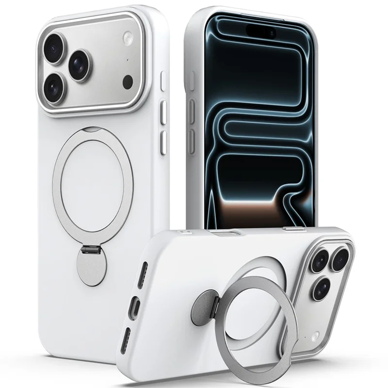 For iPhone 18 Pro Max  /  17 Pro Max Magnetic Case Rotating Ring Kickstand TPU + PC Back Cover - White