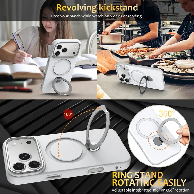 For iPhone 18 Pro Max  /  17 Pro Max Magnetic Case Rotating Ring Kickstand TPU + PC Back Cover - White