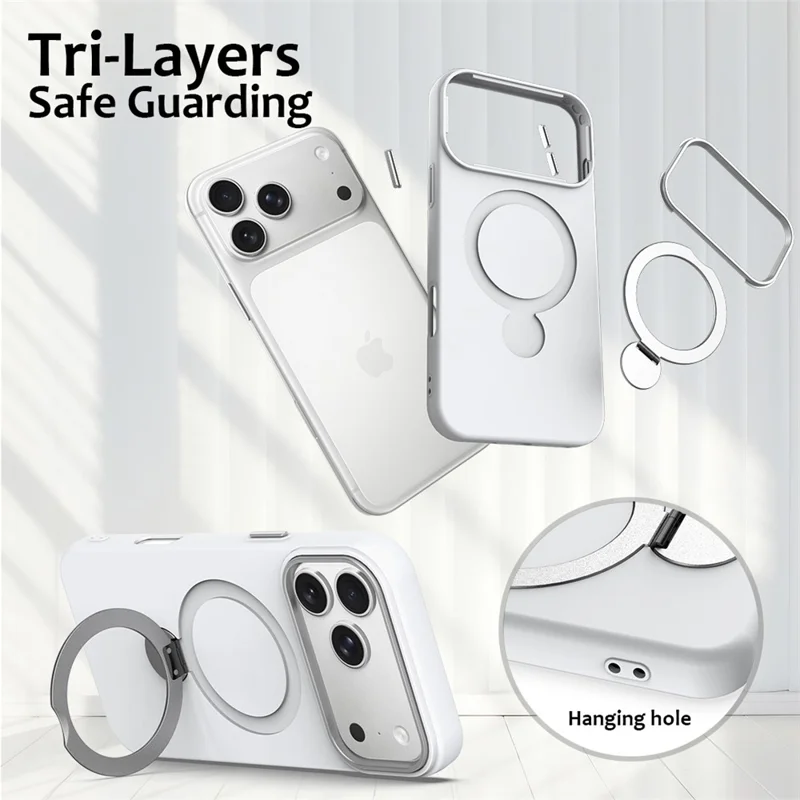 For iPhone 18 Pro Max  /  17 Pro Max Magnetic Case Rotating Ring Kickstand TPU + PC Back Cover - White