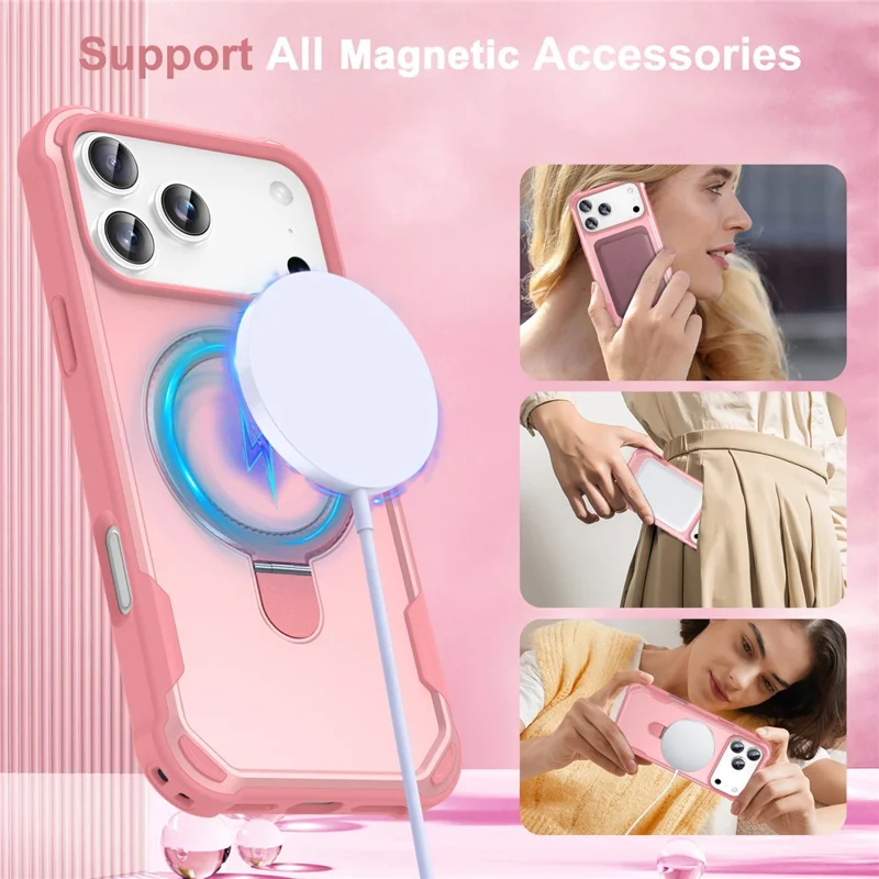 For iPhone 18 Pro Max  /  17 Pro Max Magnetic Case Kickstand TPU + PC Shockproof Phone Back Cover - Pink