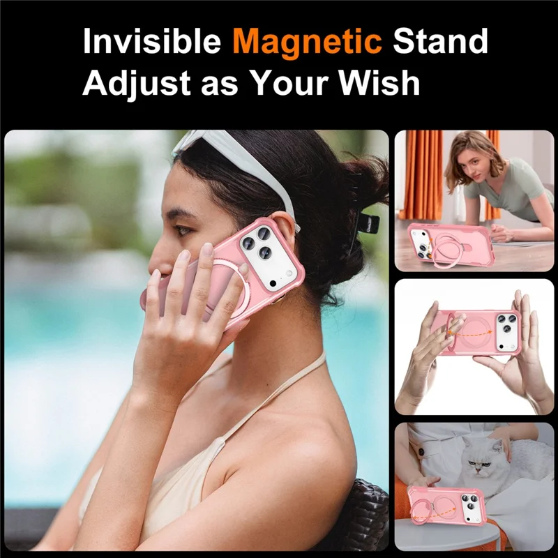 For iPhone 18 Pro Max  /  17 Pro Max Magnetic Case Kickstand TPU + PC Shockproof Phone Back Cover - Pink