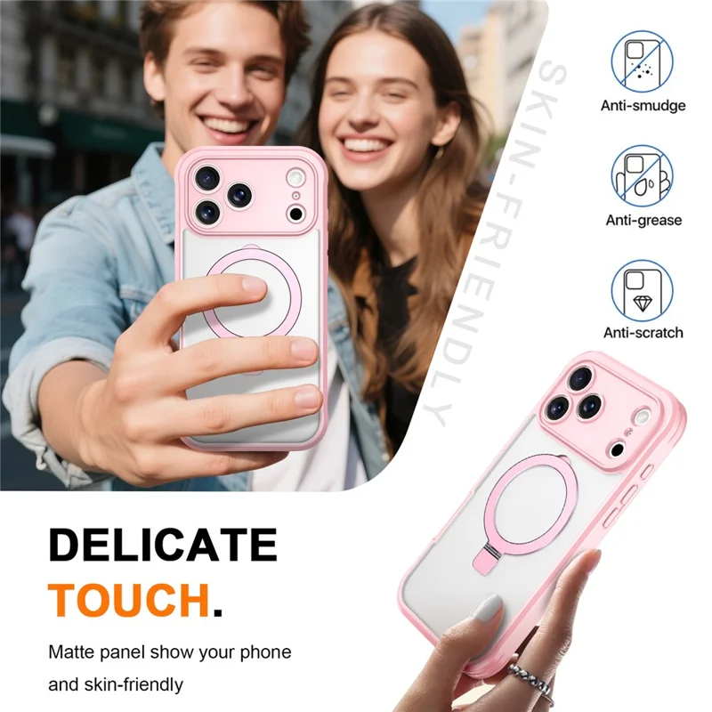 For iPhone 18 Pro  /  17 Pro Case Skin Touch Solid Color TPU + PC Phone Cover with Magnetic Kickstand - Pink