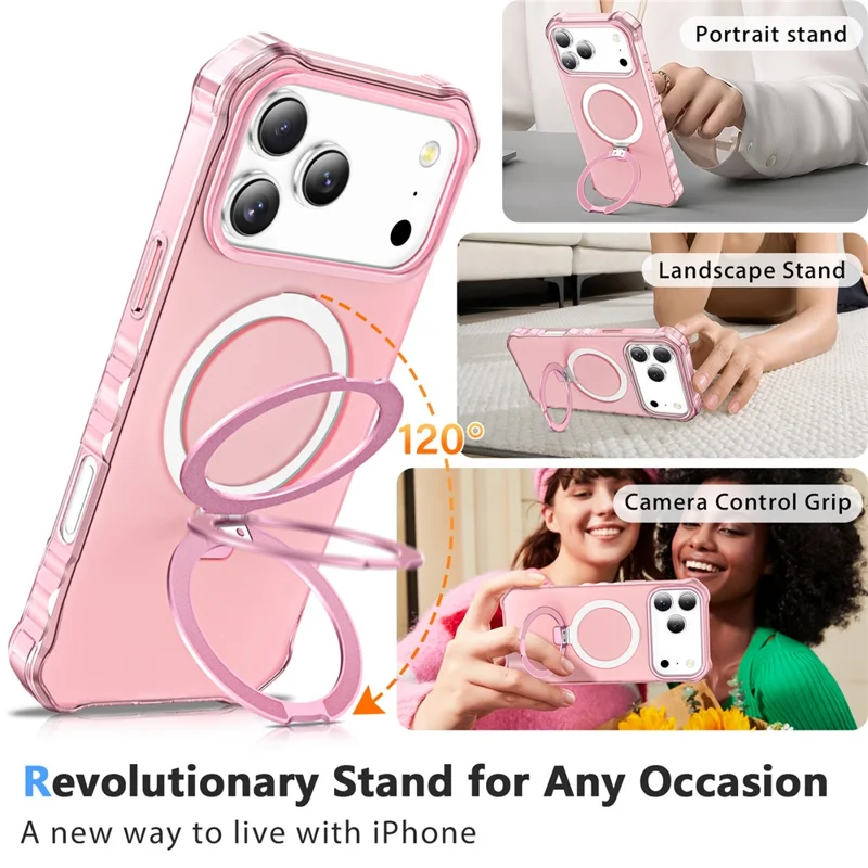 For iPhone 18 Pro  /  17 Pro Magnetic Case Matte Kickstand Hybrid Phone Cover Small Wavy Edge - Pink