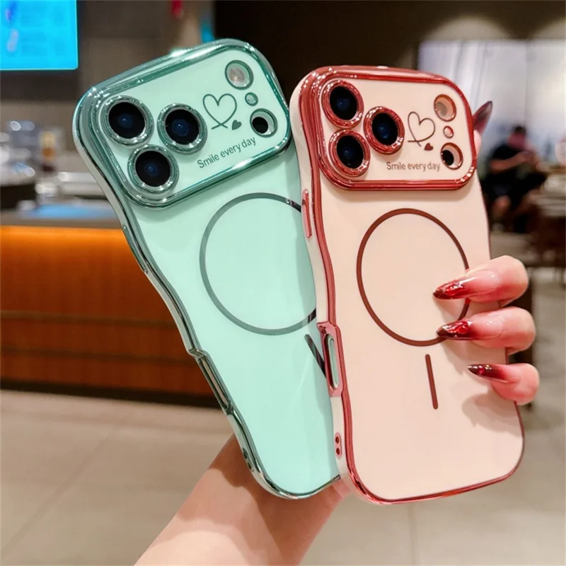 For iPhone 18 Pro Max / 17 Pro Max Magnetic Case Electroplating Wave Edge TPU Phone Cover Heart Pattern - Green