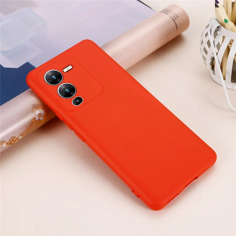 Phone Case for vivo V25 Pro 5G, Liquid Silicone + Soft Lining Protective Back Cover with Strap - Red