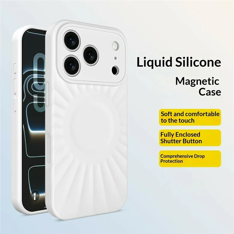 For iPhone 18 Pro Max / 17 Pro Max Magnetic Case Sunburst Texture Liquid Silicone Skin-Friendly Phone Cover - White