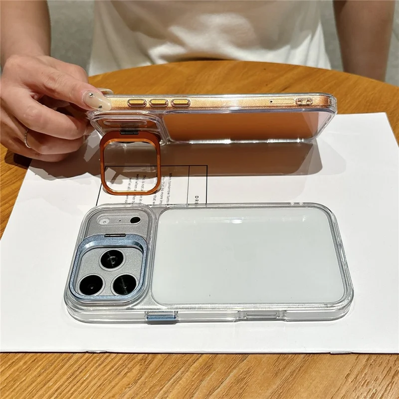 Für iPhone 17 Pro Max Hülle mit Kamera-Rahmen und Ständer Transparente Acryl + TPU Handy-Schutzhülle - Orange