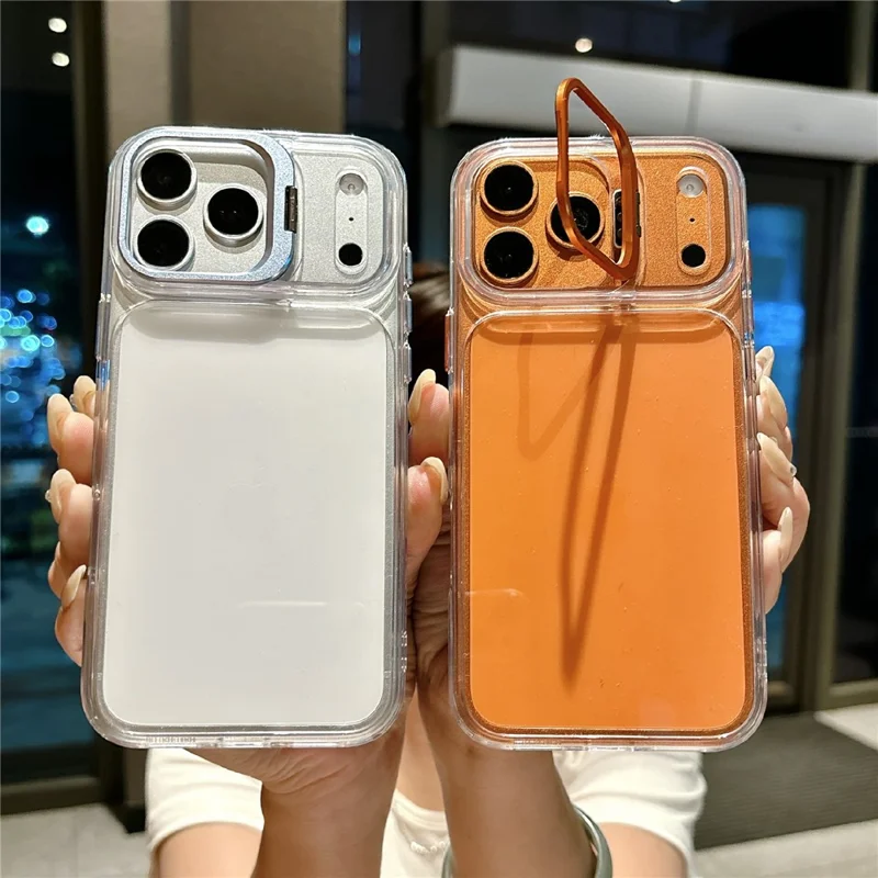 Für iPhone 17 Pro Max Hülle mit Kamera-Rahmen und Ständer Transparente Acryl + TPU Handy-Schutzhülle - Orange