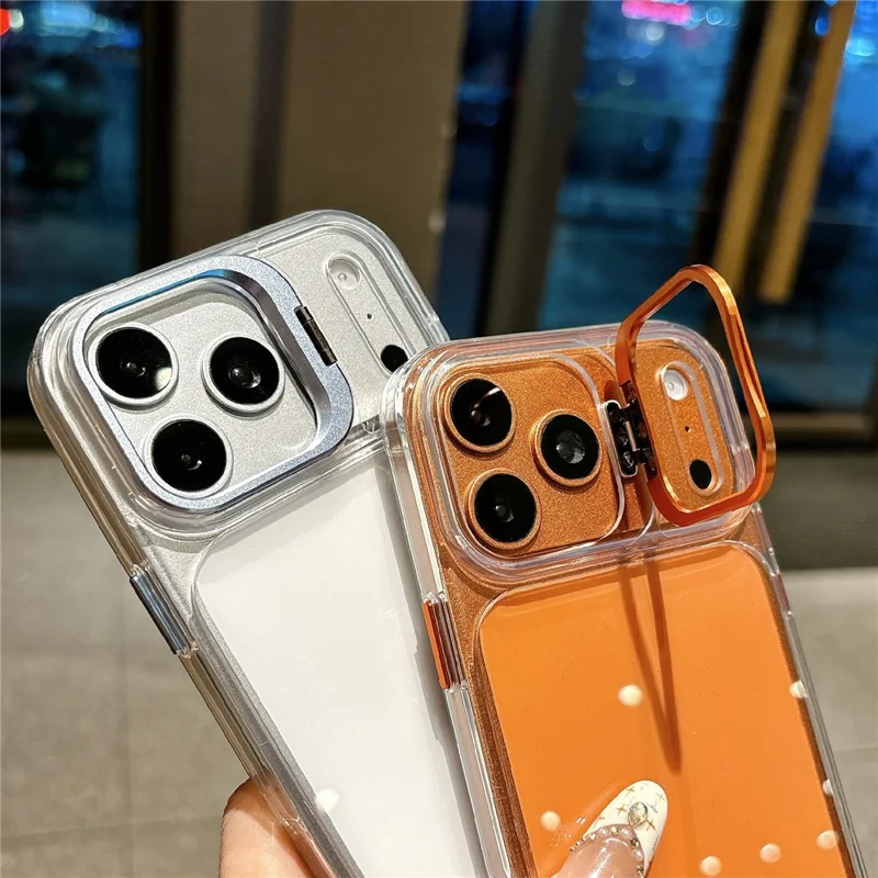 Für iPhone 17 Pro Max Hülle mit Kamera-Rahmen und Ständer Transparente Acryl + TPU Handy-Schutzhülle - Orange