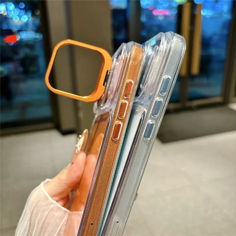 Für iPhone 17 Pro Max Hülle mit Kamera-Rahmen und Ständer Transparente Acryl + TPU Handy-Schutzhülle - Orange