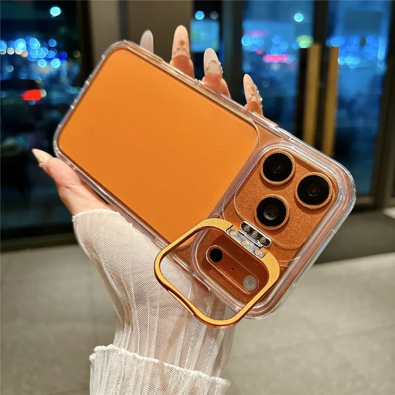Für iPhone 17 Pro Max Hülle mit Kamera-Rahmen und Ständer Transparente Acryl + TPU Handy-Schutzhülle - Orange