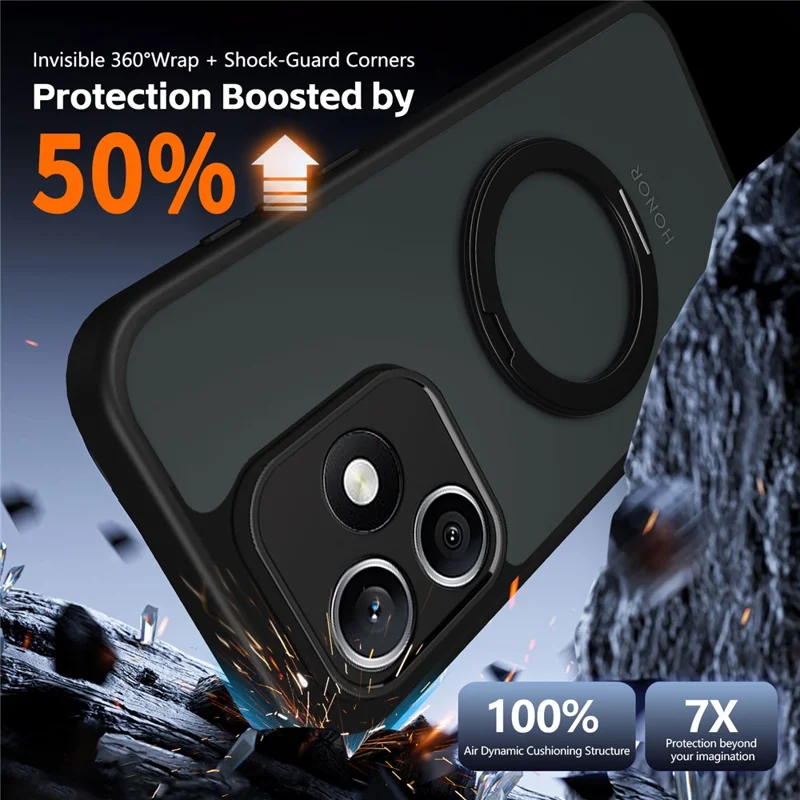 For Honor X8d 4G Case Rotating Magnetic Kickstand Frosted Matte PC + TPU Shockproof Cover - Black