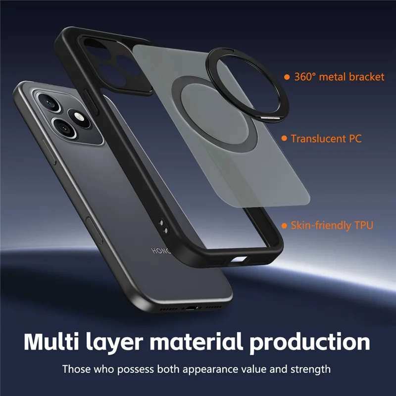 For Honor X8d 4G Case Rotating Magnetic Kickstand Frosted Matte PC + TPU Shockproof Cover - Black