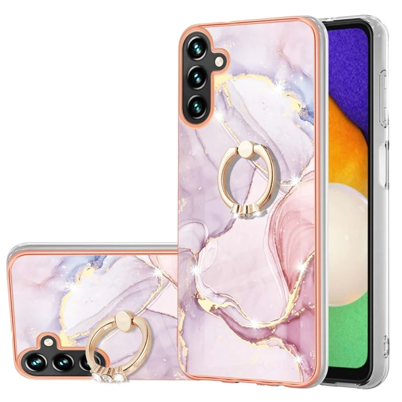 For Samsung Galaxy A14 5G / A14 4G Case with Ring Kickstand Marble Pattern Electroplating TPU Back Cover - Rose Gold 005