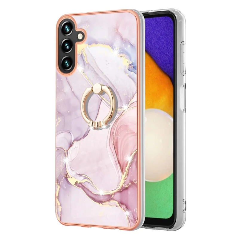 For Samsung Galaxy A14 5G / A14 4G Case with Ring Kickstand Marble Pattern Electroplating TPU Back Cover - Rose Gold 005