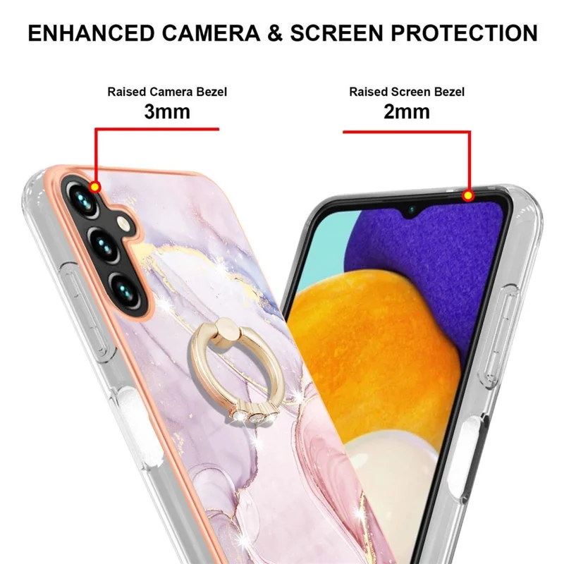 For Samsung Galaxy A14 5G / A14 4G Case with Ring Kickstand Marble Pattern Electroplating TPU Back Cover - Rose Gold 005