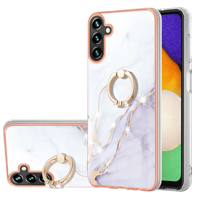 For Samsung Galaxy A14 5G / A14 4G Case with Ring Kickstand Marble Pattern Electroplating TPU Back Cover - White 006