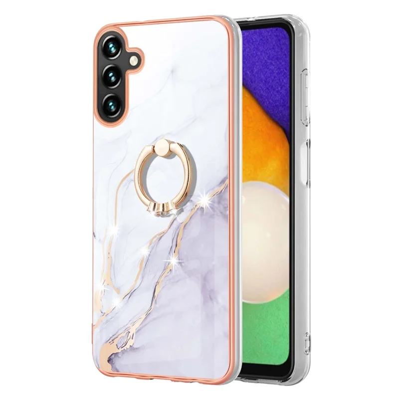 For Samsung Galaxy A14 5G / A14 4G Case with Ring Kickstand Marble Pattern Electroplating TPU Back Cover - White 006