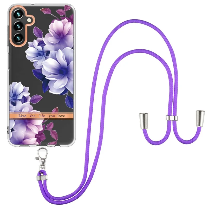 For Samsung Galaxy A14 5G / A14 4G Back Cover with Shoulder Strap Flower Pattern Electroplating TPU Case - HC004 Purple Begonia