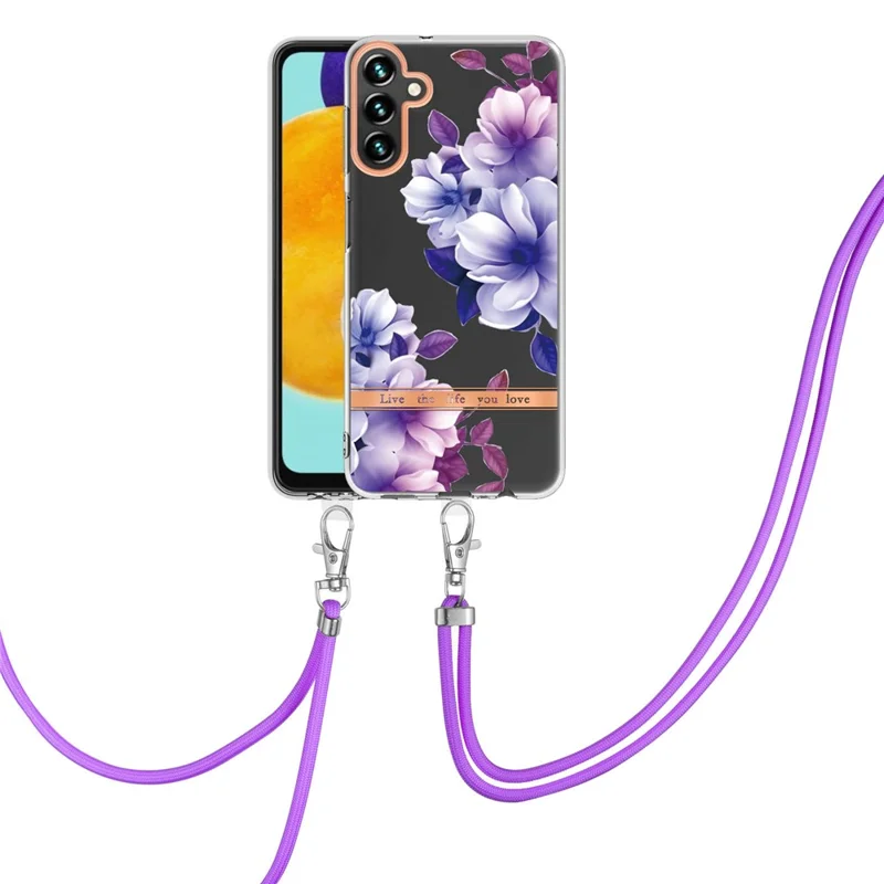 For Samsung Galaxy A14 5G / A14 4G Back Cover with Shoulder Strap Flower Pattern Electroplating TPU Case - HC004 Purple Begonia