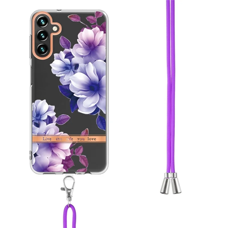 For Samsung Galaxy A14 5G / A14 4G Back Cover with Shoulder Strap Flower Pattern Electroplating TPU Case - HC004 Purple Begonia