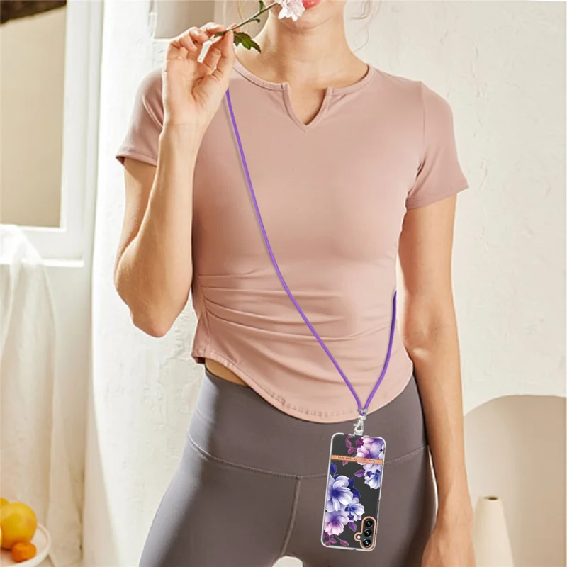 For Samsung Galaxy A14 5G / A14 4G Back Cover with Shoulder Strap Flower Pattern Electroplating TPU Case - HC004 Purple Begonia