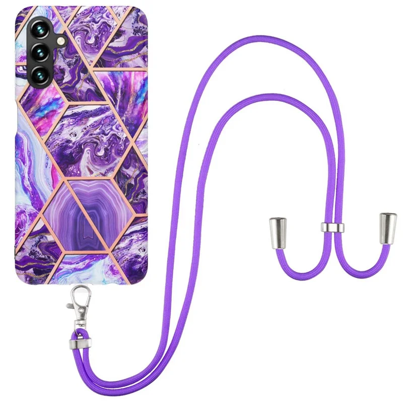 For Samsung Galaxy A14 5G / A14 4G Case with Long Strap Splicing IMD Marble Pattern TPU Back Cover - Dark Purple