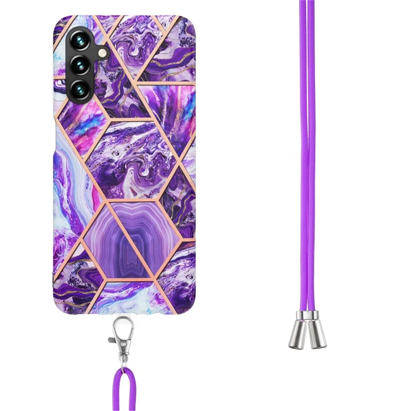 For Samsung Galaxy A14 5G / A14 4G Case with Long Strap Splicing IMD Marble Pattern TPU Back Cover - Dark Purple