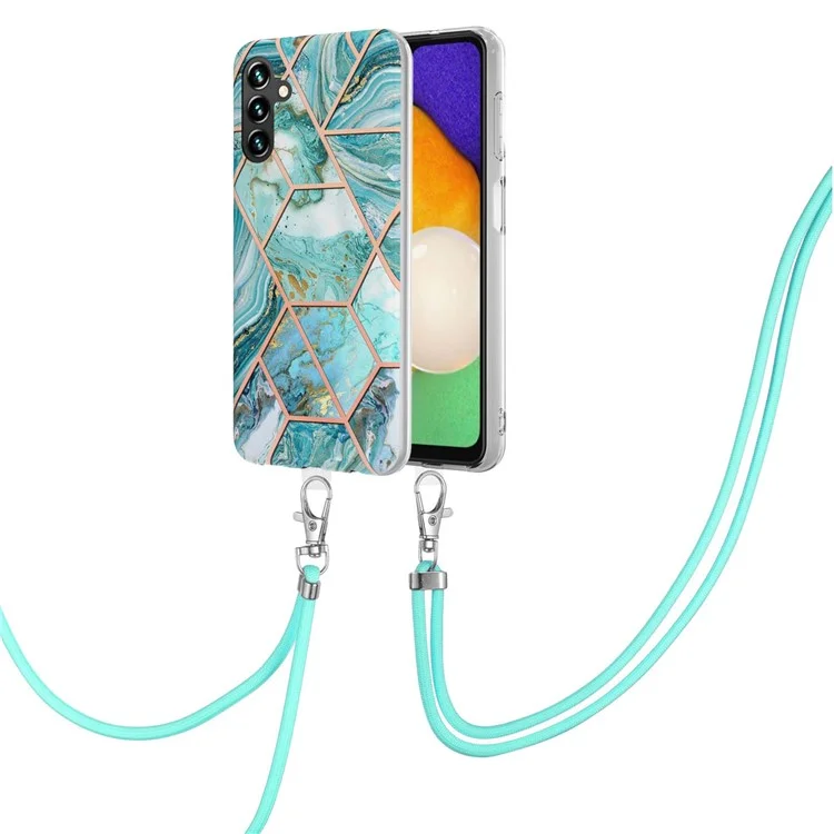 For Samsung Galaxy A14 5G / A14 4G Case with Long Strap Splicing IMD Marble Pattern TPU Back Cover - Blue