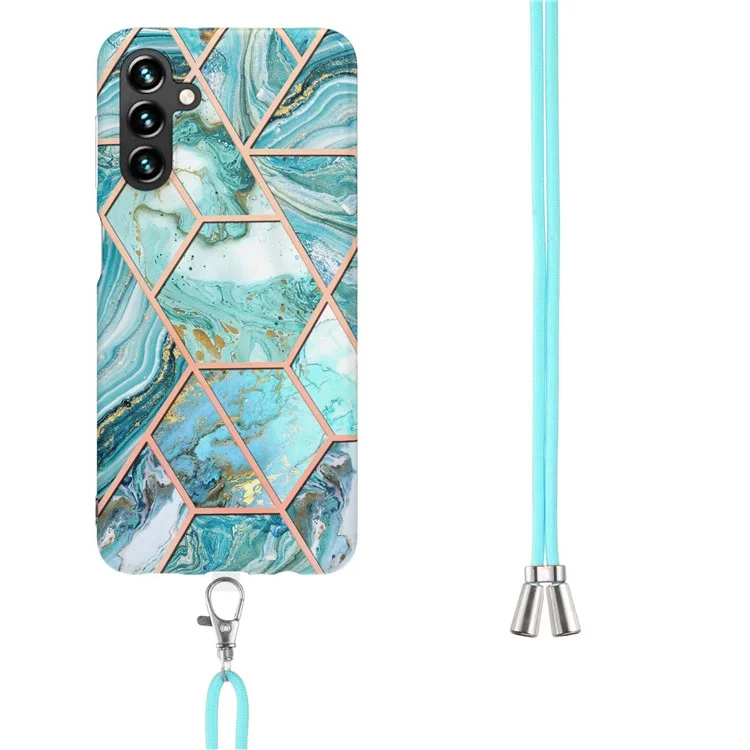 For Samsung Galaxy A14 5G / A14 4G Case with Long Strap Splicing IMD Marble Pattern TPU Back Cover - Blue