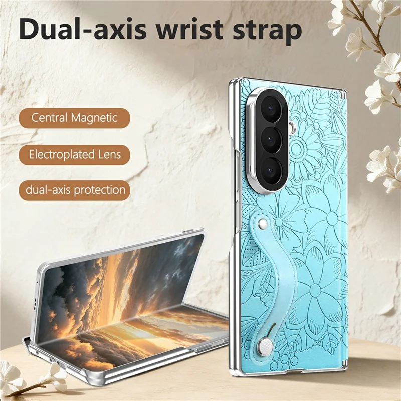 For Samsung Galaxy Z Fold8 Ultra Case Flower Leaf Embossed Dual-Axis Hinge Protection Leather Back Cover with Wrist Strap - Blue