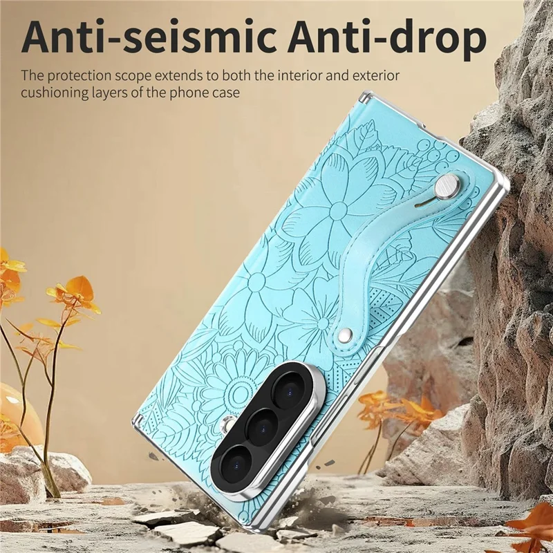For Samsung Galaxy Z Fold8 Ultra Case Flower Leaf Embossed Dual-Axis Hinge Protection Leather Back Cover with Wrist Strap - Blue